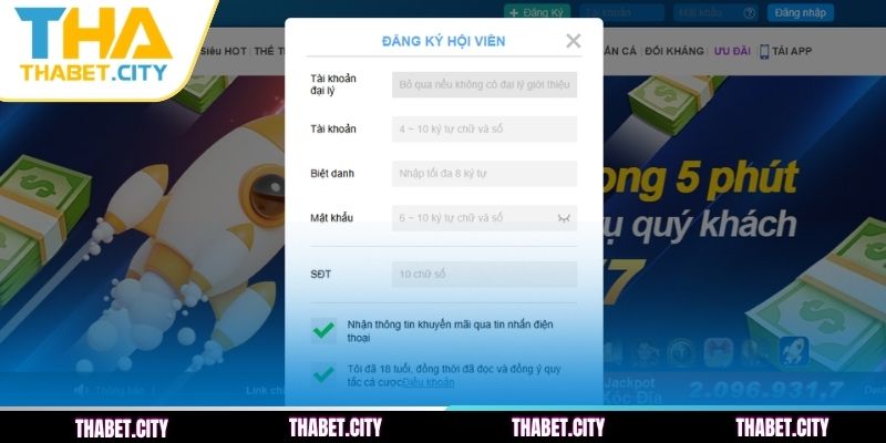 Quy trình mở tài khoản THABET trên trang chủ